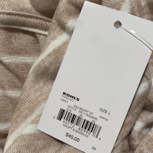 Croft & Barrow Beige white stripe 3/4 sleeve Cowlneck top - Picture 6 of 9